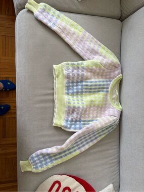 LoveShackFancy Cream Sweater with Lime Green Trim and Pastel Blue & Pink Pattern